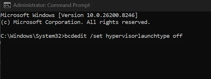 Administrator Command Prompt window showing the command bcdedit /set hypervisorlaunchtype off used to disable the Windows hypervisor