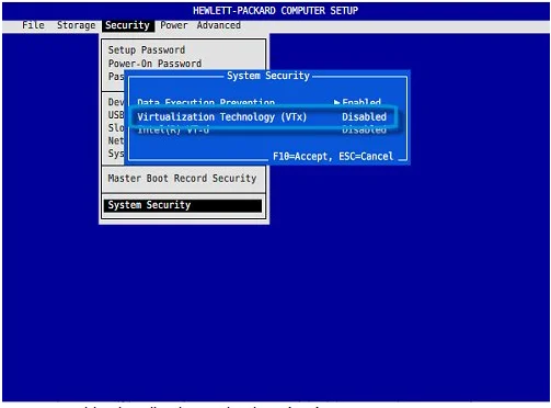 BIOS settings screen showing virtualization technology option disabled