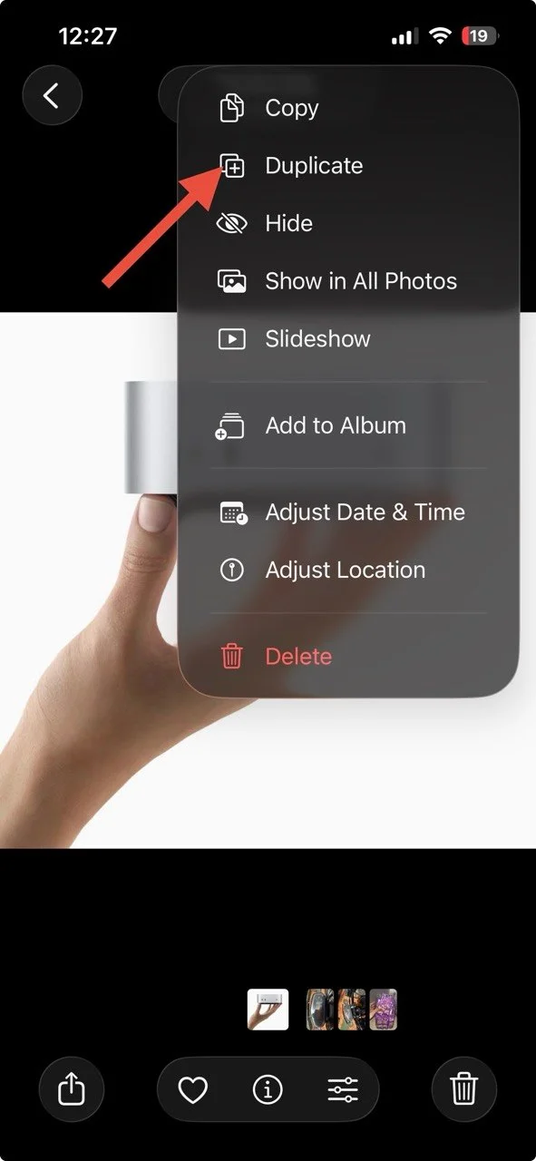 Duplicate option selected in the iPhone Photos app to create a copy of a photo or video before uploading it to Instagram Stories