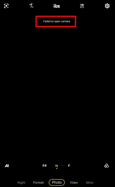 Failed to open camera error message displayed on an Android smartphone screen when attempting to launch the Camera app