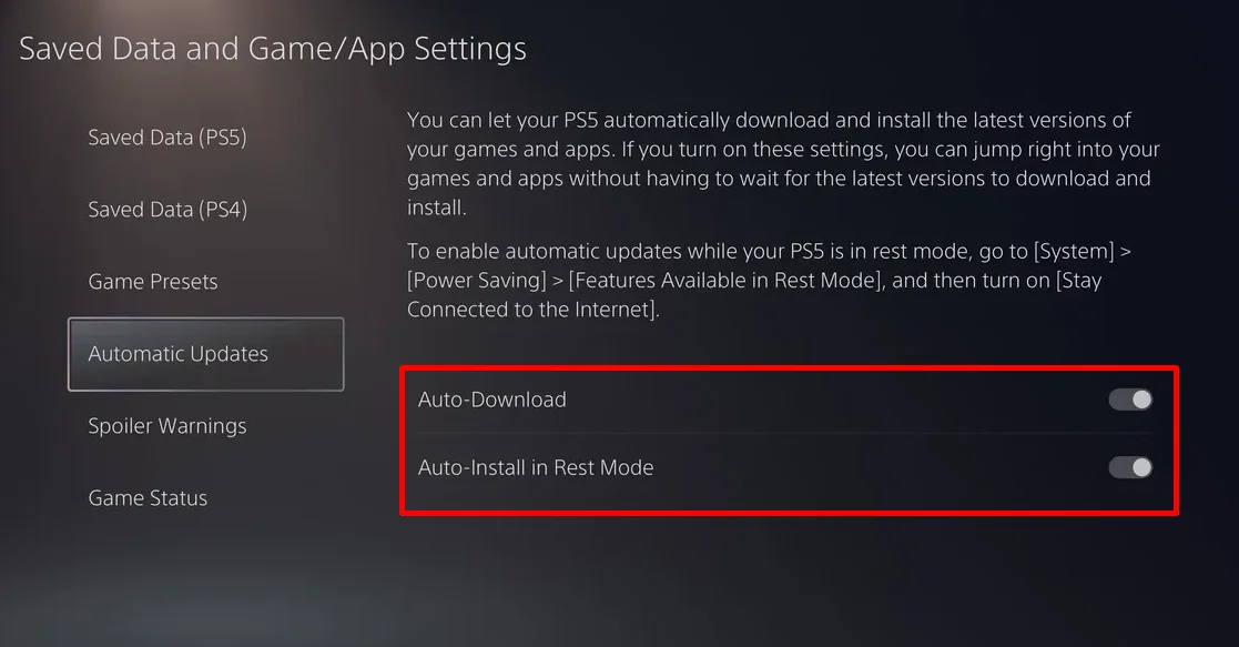 Automatic Updates settings on PS5 showing both Auto Download and Auto Install in Rest Mode turned on