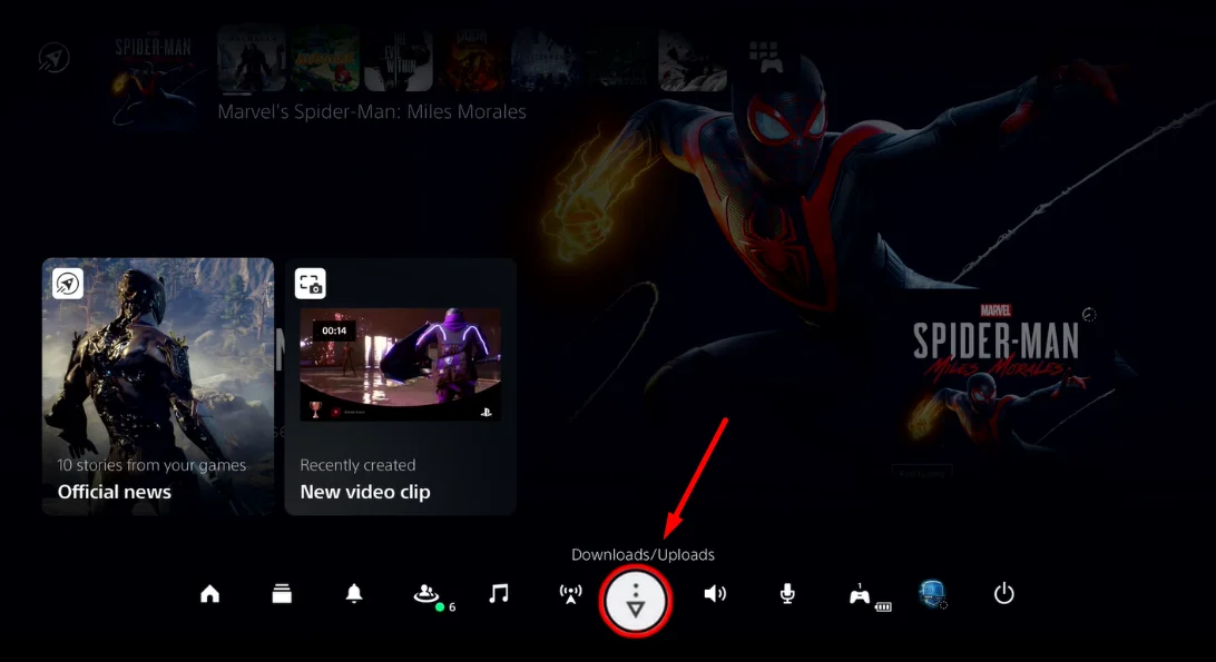Downloads and Uploads icon represented by a downward arrow in the PS5 Control Center