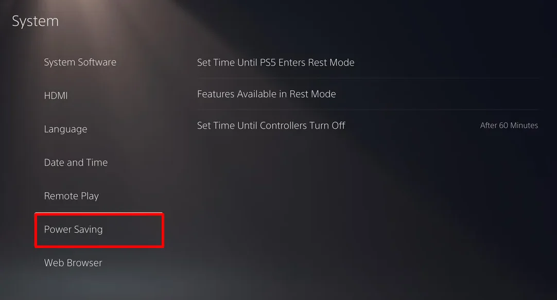 Open Power Saving settings on PS5 and select Features Available in Rest Mode