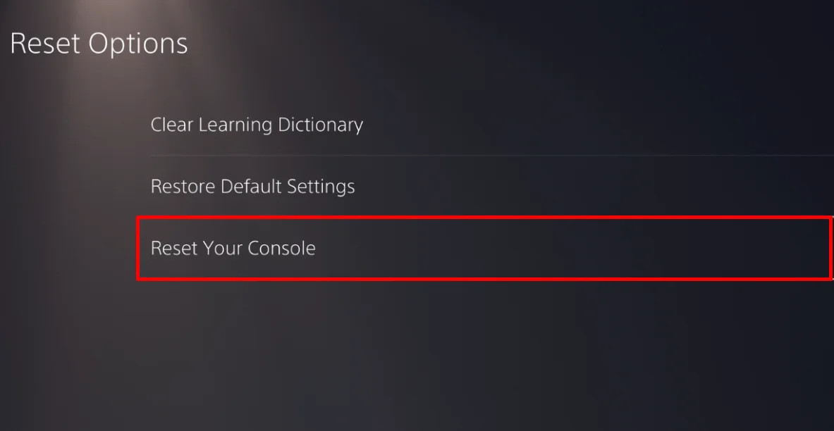 Reset Your Console option displayed in the PS5 System Software reset settings