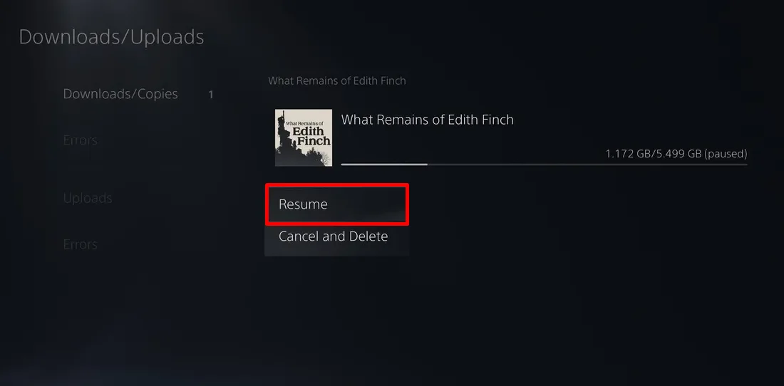 Resume option selected for a paused game download on PS5