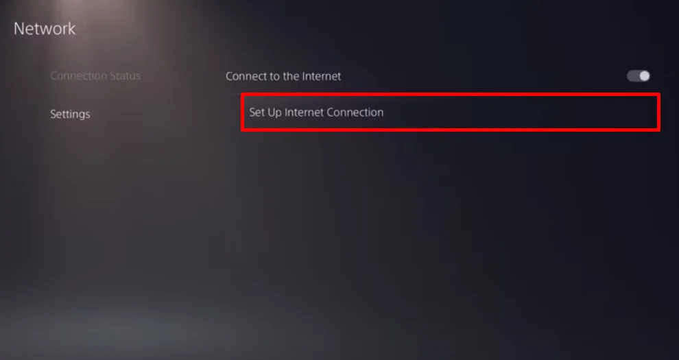 Set Up Internet Connection screen on PS5 showing network configuration options