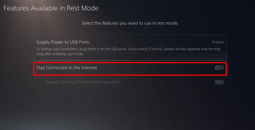 Stay Connected to the Internet setting enabled in PS5 Rest Mode settings
