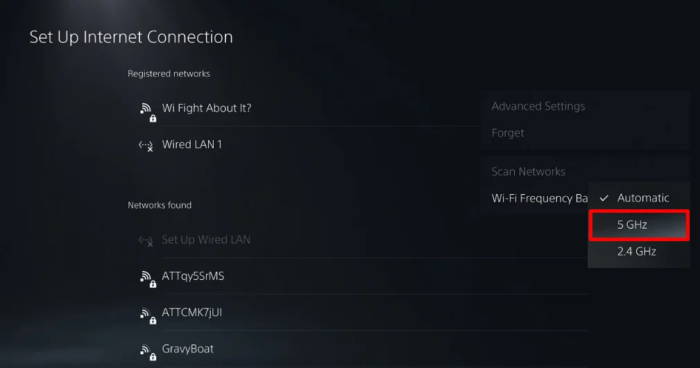 WiFi Frequency Bands setting on PS5 with the connection changed from Automatic to 5GHz