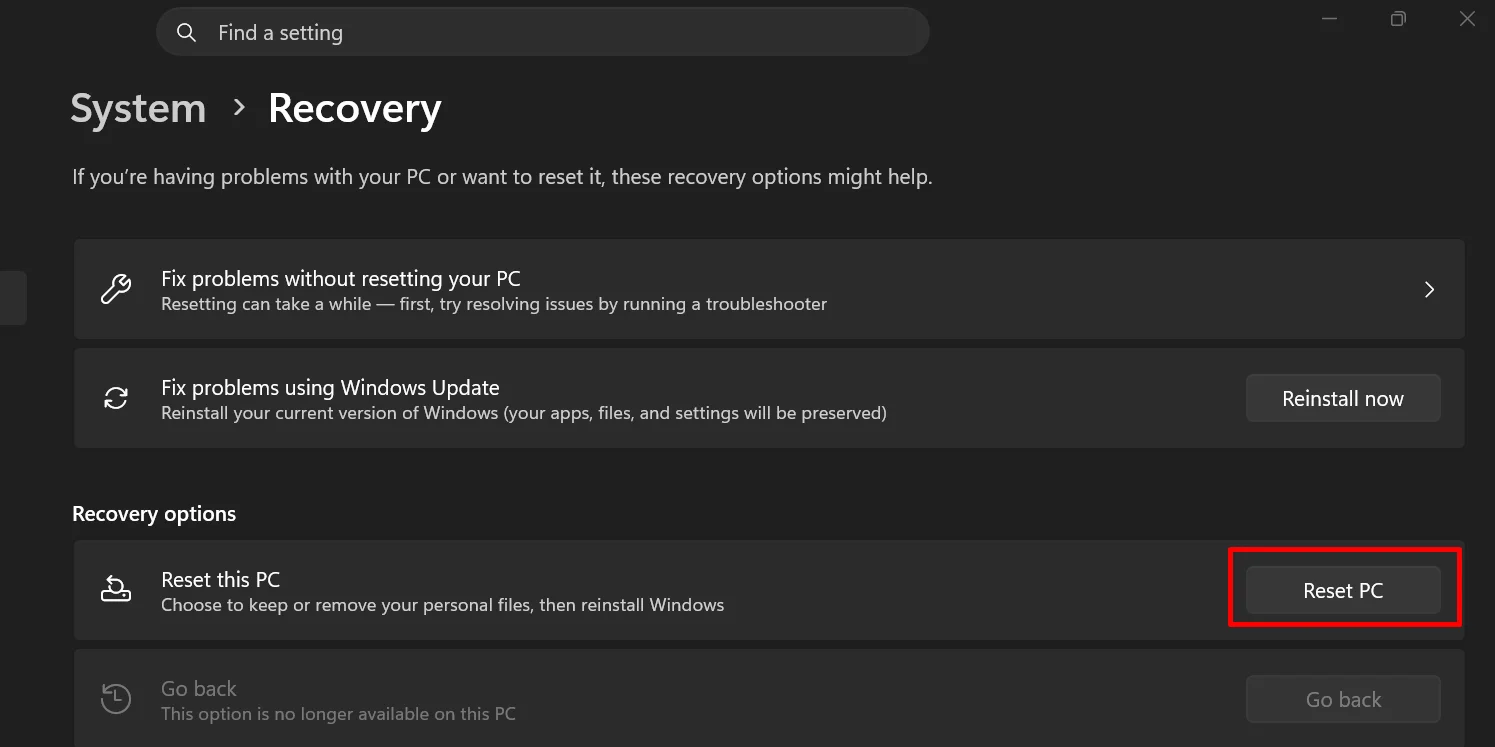 Windows Recovery settings showing the Reset PC option under Reset this PC