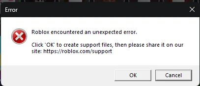 Roblox Encountered an Unexpected Error message displayed on a Windows computer