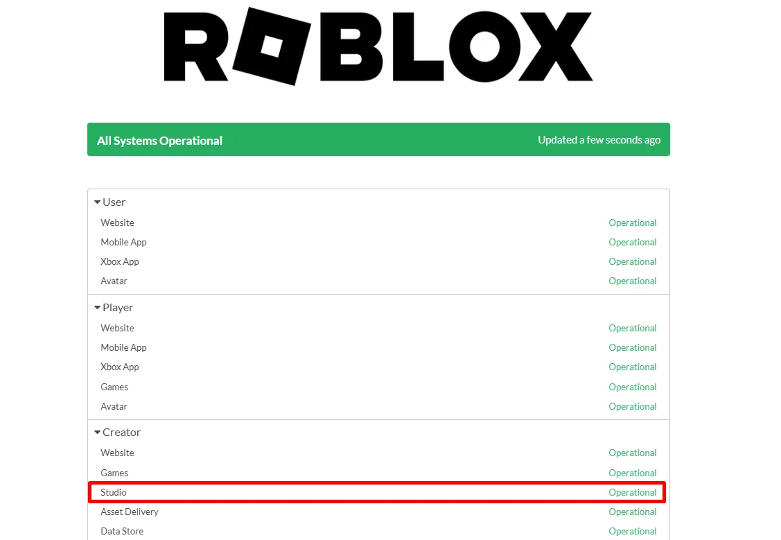 Alt Text:
Roblox server status page showing Studio service status under the Creator section