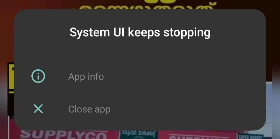 Android phone showing the System UI keeps stopping error message