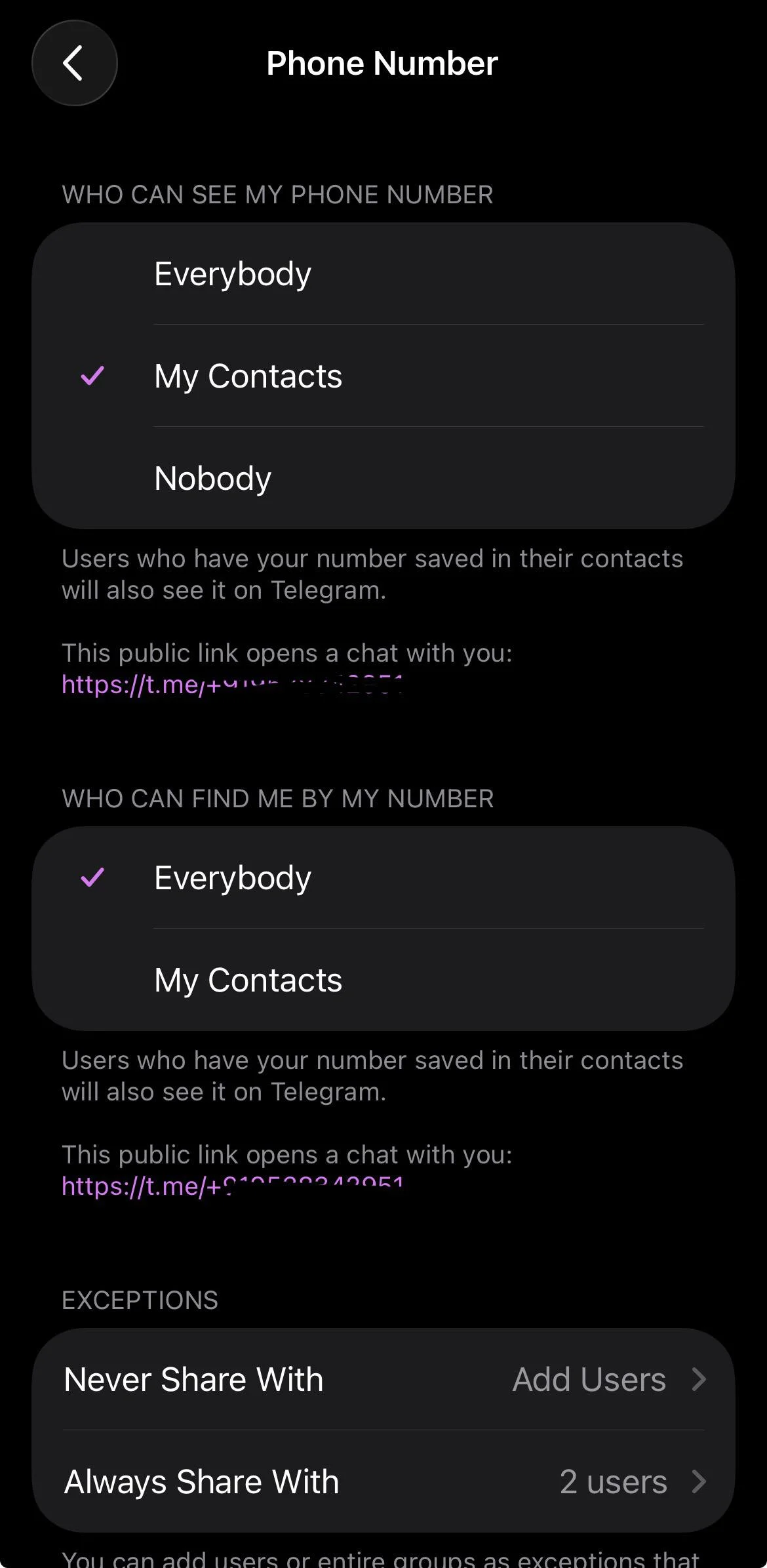 Telegram Privacy and Security settings showing the Phone Number section with the "Who can find me by my number" option set to Everybody to make the account discoverable through saved contacts.