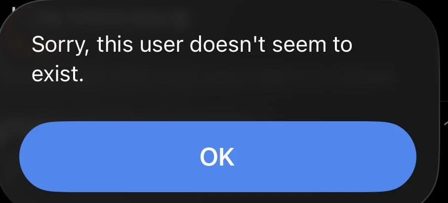 Alt Text:
Telegram displaying the "This user doesn't seem to exist" error message while opening a user profile.