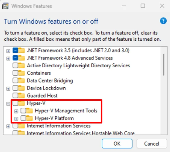 Windows Features panel showing Hyper V disabled on a Windows computer