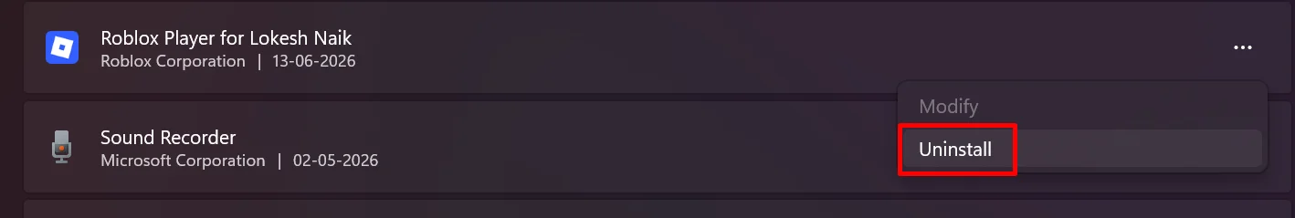 Uninstalling Roblox from the Installed Apps section in Windows Settings