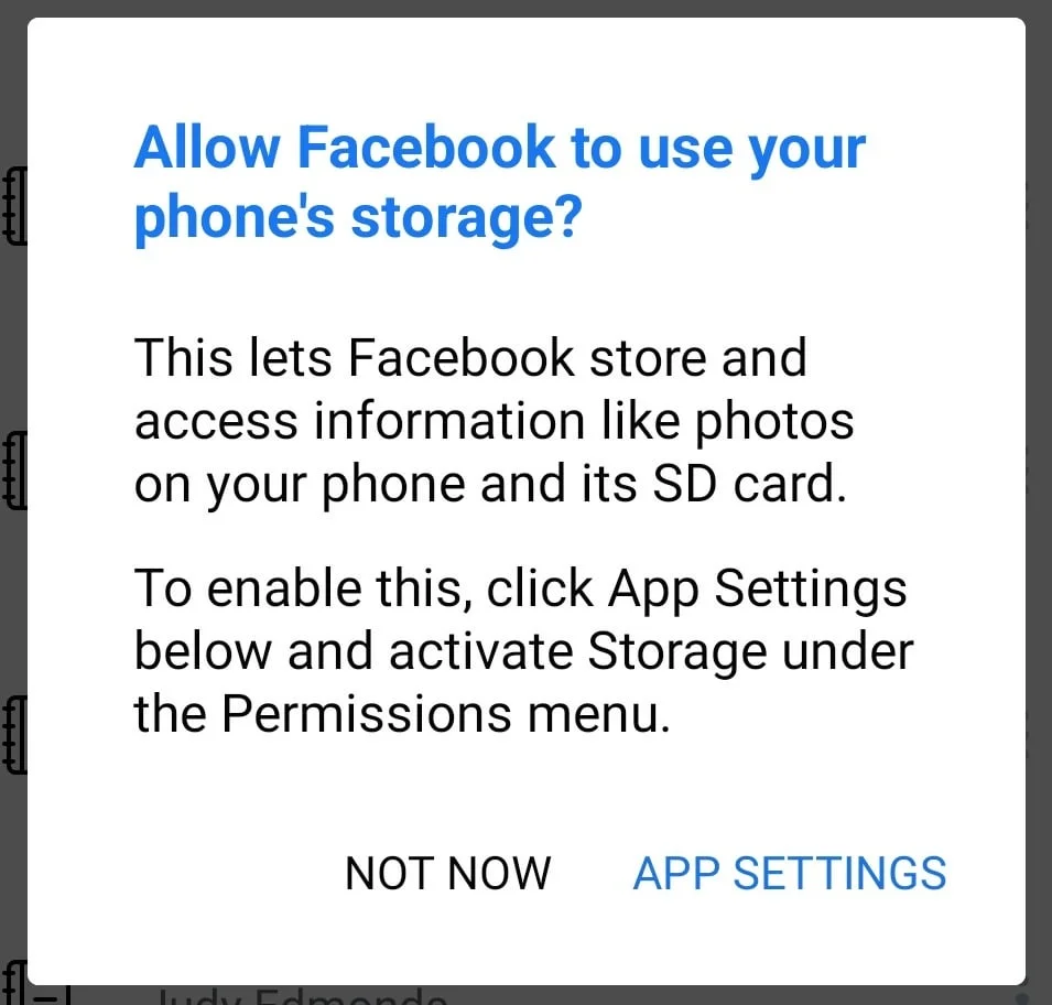 Screenshot of the "Allow Facebook Lite to Use Your Phone's Storage" error message displayed while trying to download a file in Facebook Lite