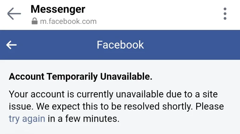 Facebook Account Temporarily Unavailable error message