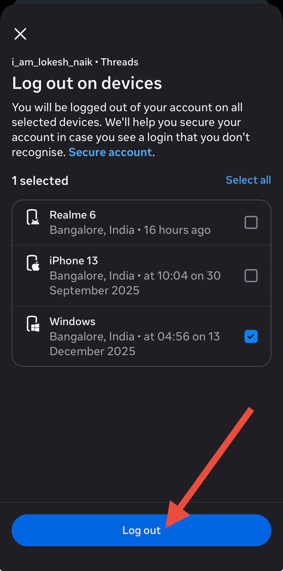 Select your device and tap Log Out in the Facebook app