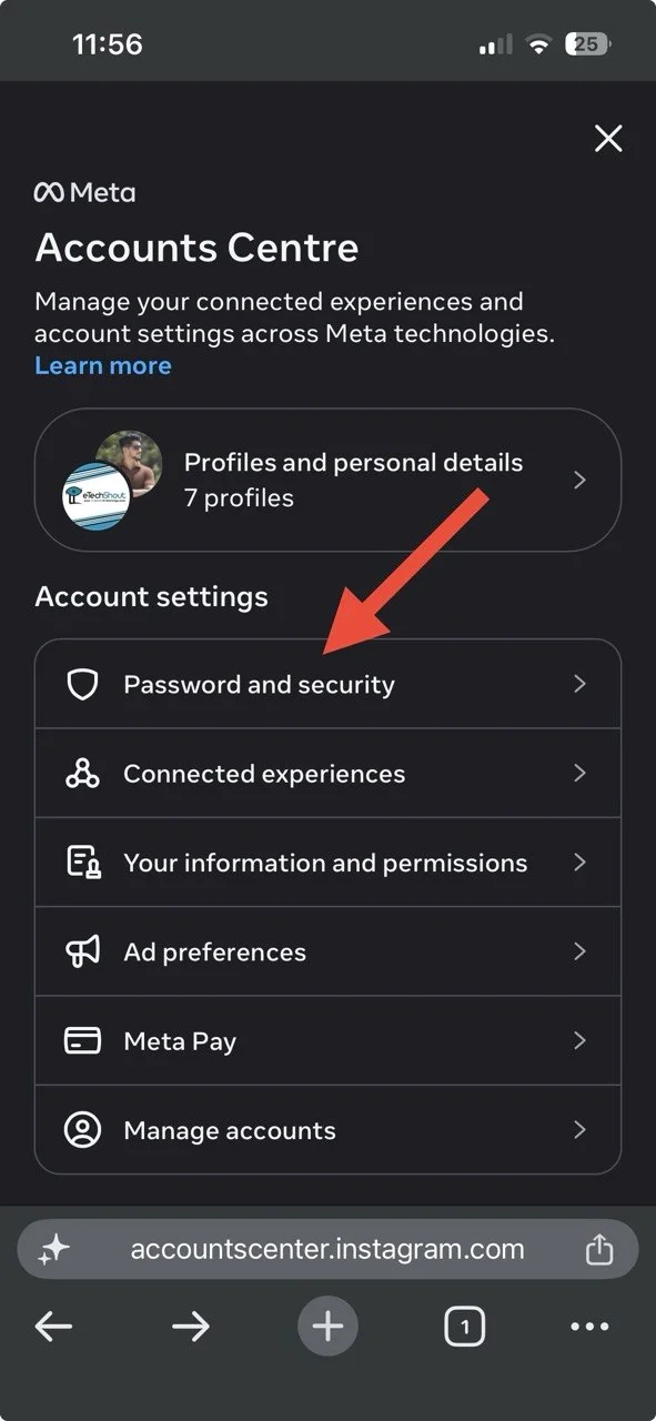 Instagram Password and Security settings in Accounts Center