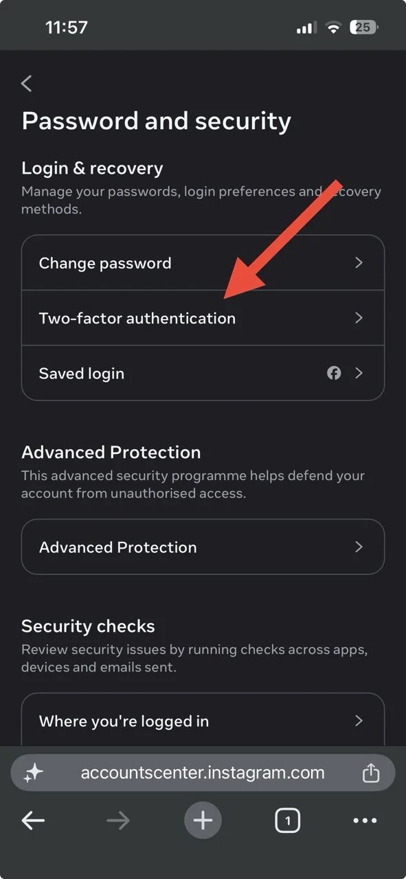 Instagram Two Factor Authentication settings in Accounts Center