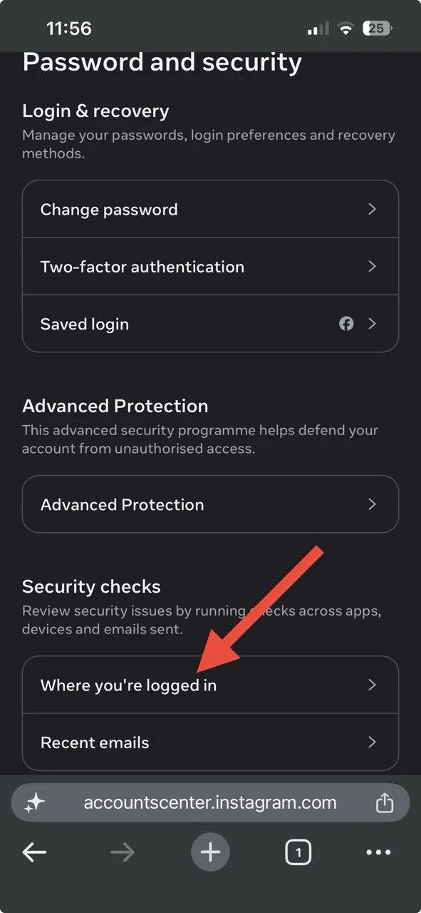 Instagram Where You're Logged In page under Security Checks