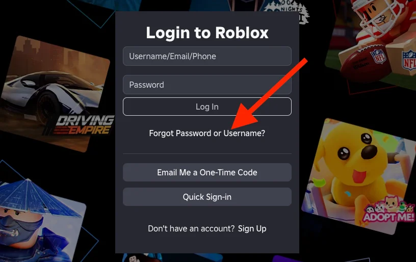 Roblox sign in page with the "Forgot Password or Username?" option highlighted to reset a Roblox account password