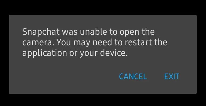 "Snapchat was unable to open the camera" error message displayed in the Snapchat app