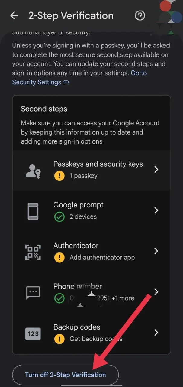 Google Account Security page showing the option to turn off Two Step Verification