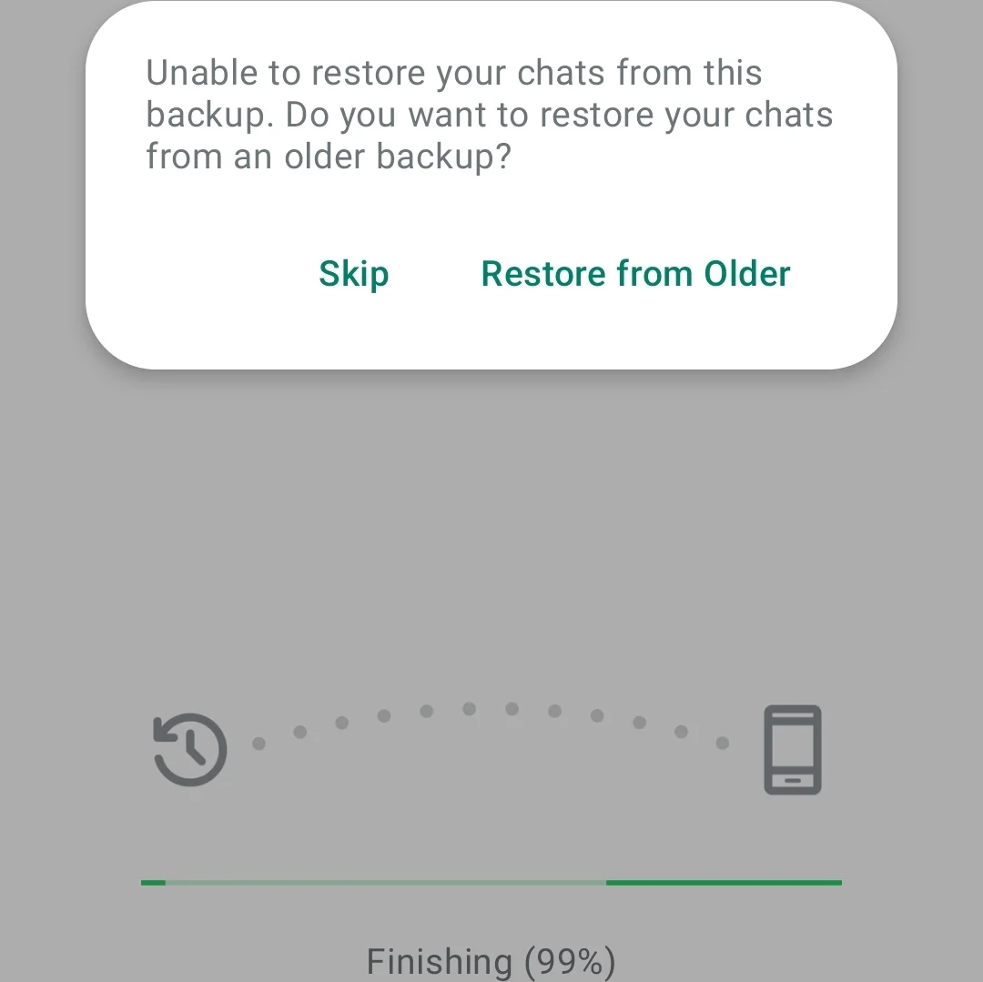 WhatsApp showing the "Unable to restore your chats from this backup" error message during backup restore
