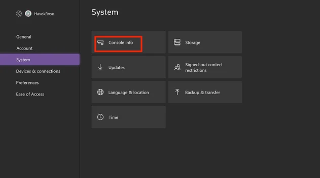 Xbox Console info page showing the Reset console option under System settings