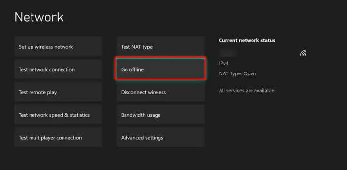 Xbox Network settings page showing the Go offline option used to switch the console to Offline Mode