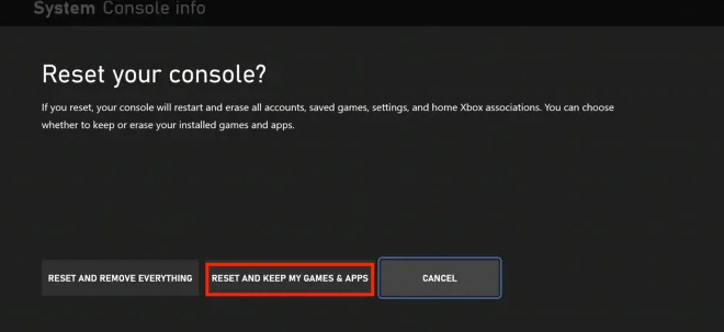 Xbox Reset console screen with the Reset and keep my games and apps option selected