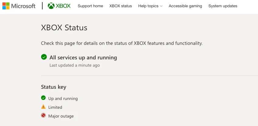 Official Xbox Server Status page showing the current status of Xbox Live services, including green, yellow, and red service indicators for games, accounts, and online services