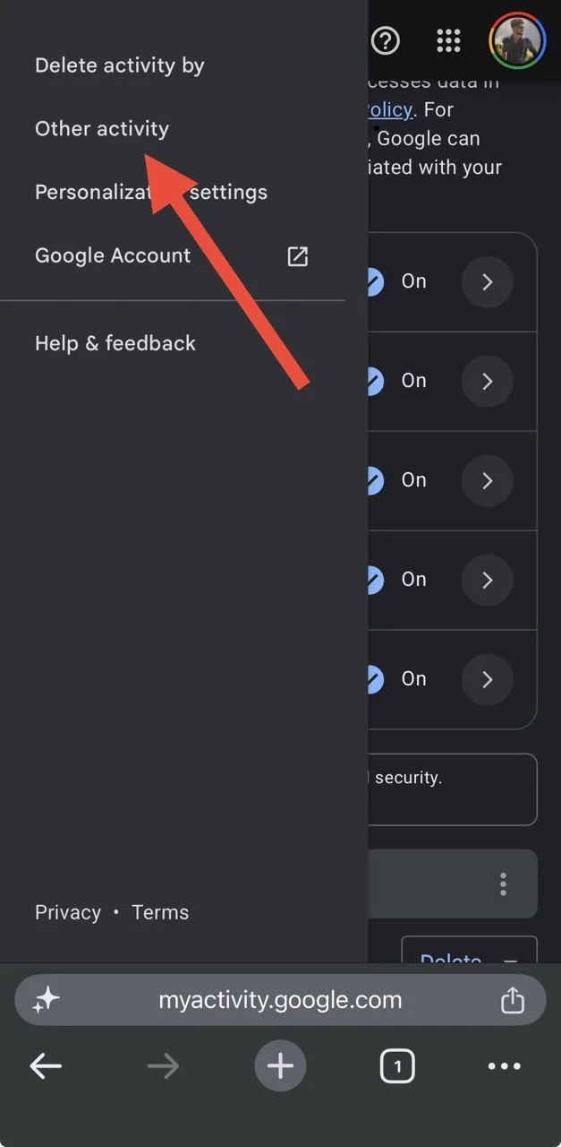 Google My Activity Other activity option in the side menu