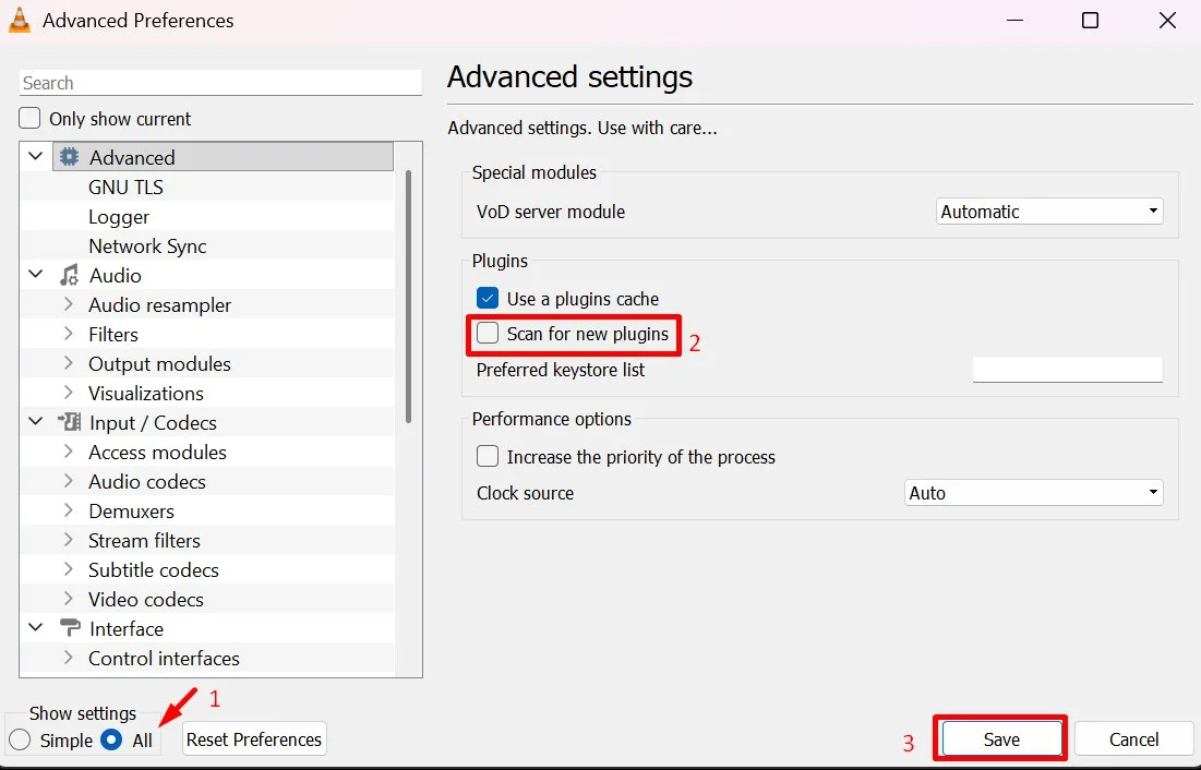 VLC advanced preferences showing Scan for new plugins, Show settings All, and Save option