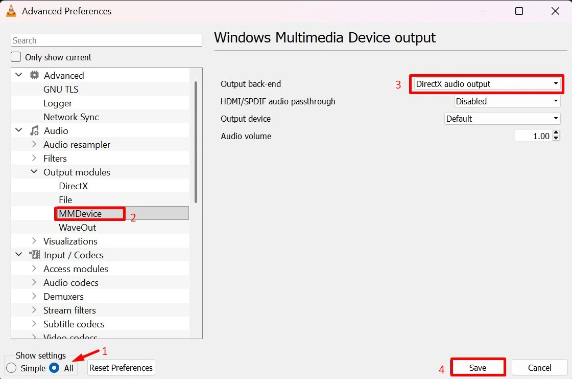 VLC advanced audio settings showing Output modules, MMDevice, DirectX audio output backend, and Save option