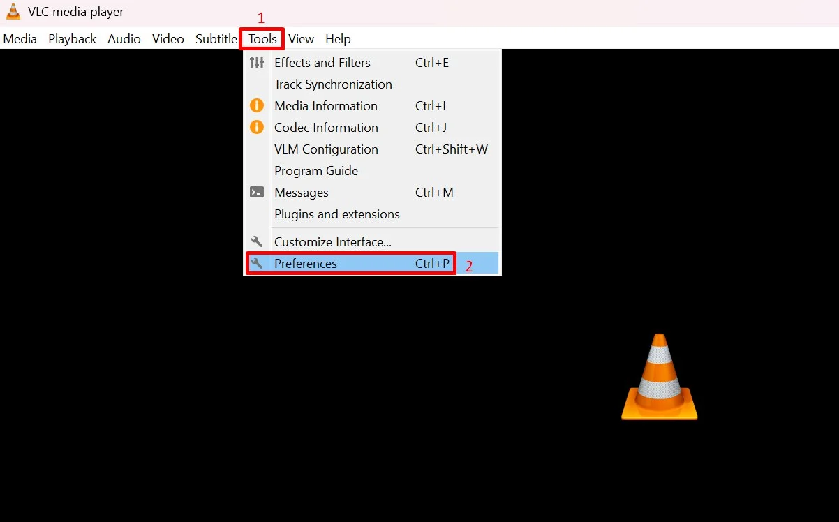 VLC Media Player with the Tools menu open and Preferences option selected