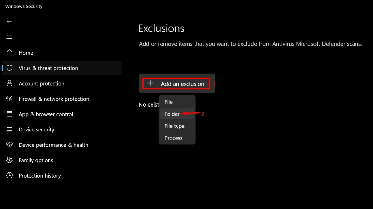 Adding the installation folder as a Windows Defender exclusion