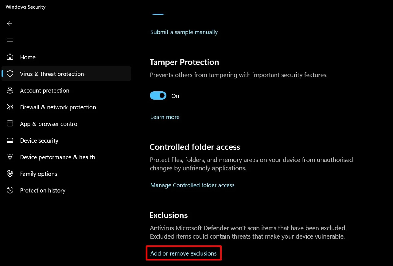 Windows Defender Add or remove exclusions option