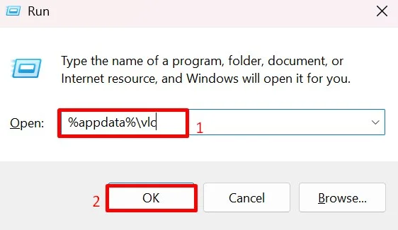 Windows Run window with the AppData VLC folder path entered