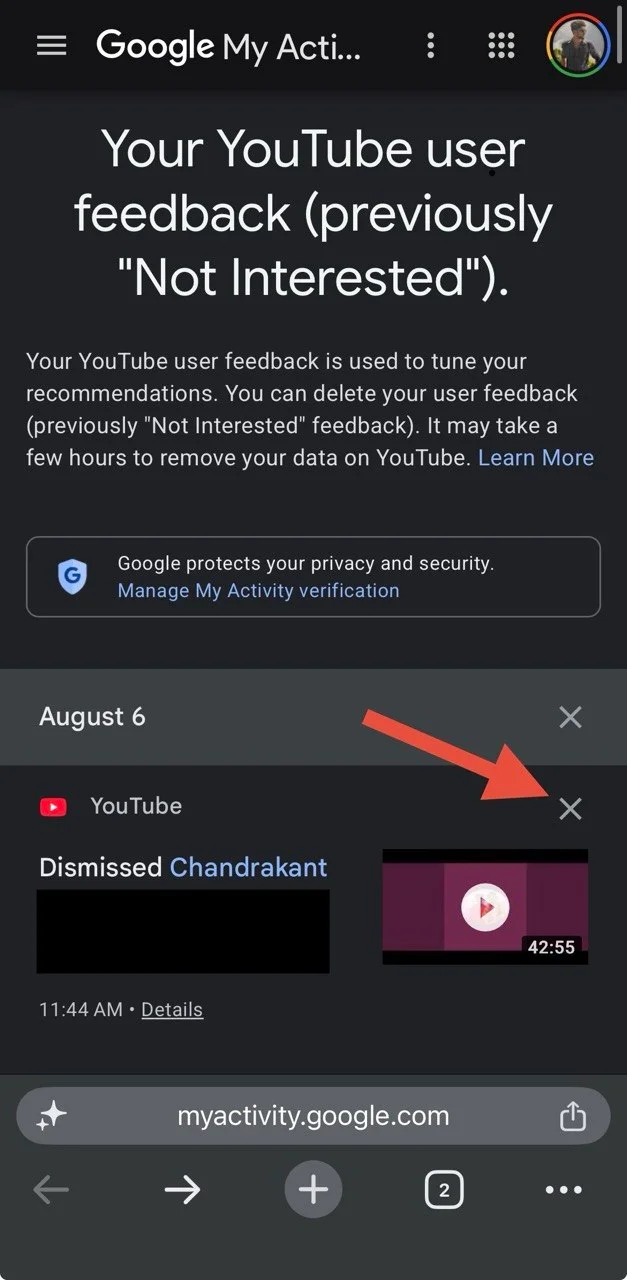 X mark to remove YouTube Not interested feedback