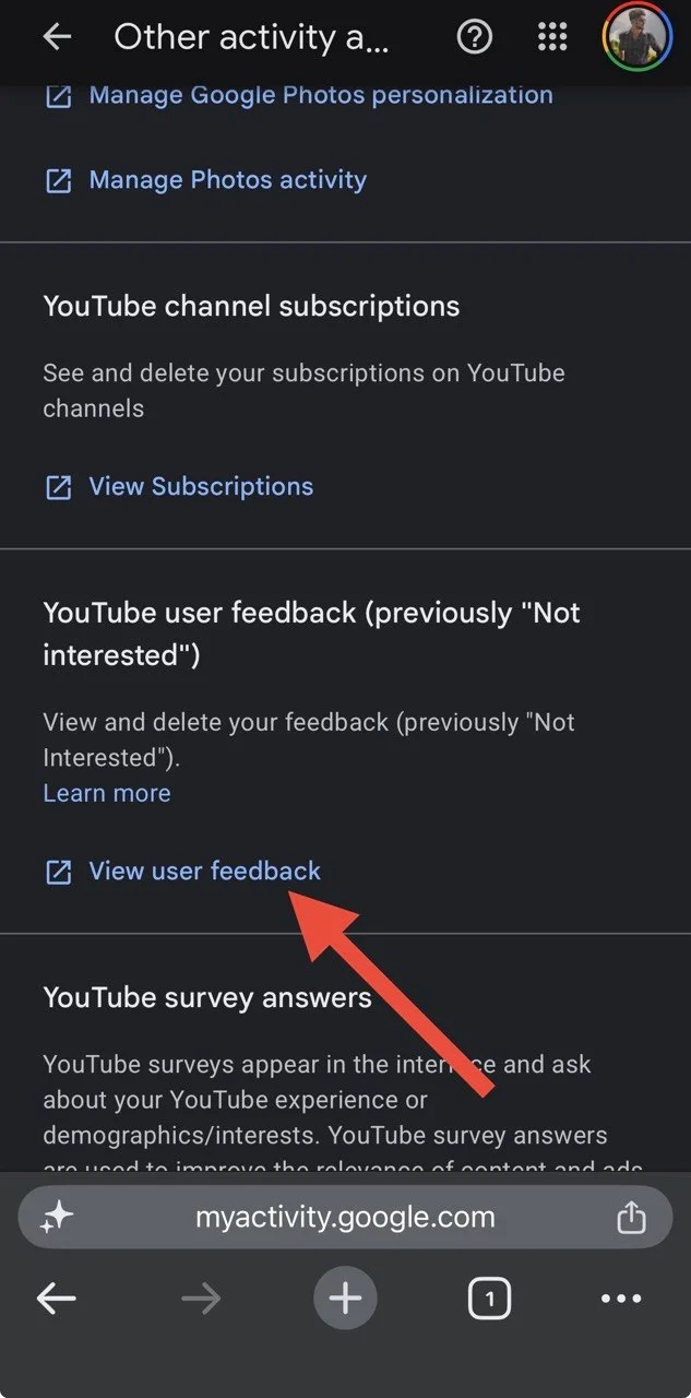 YouTube Not interested feedback with View user feedback option