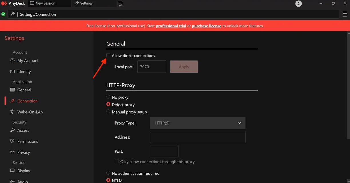 AnyDesk Settings showing Allow direct connections unchecked
