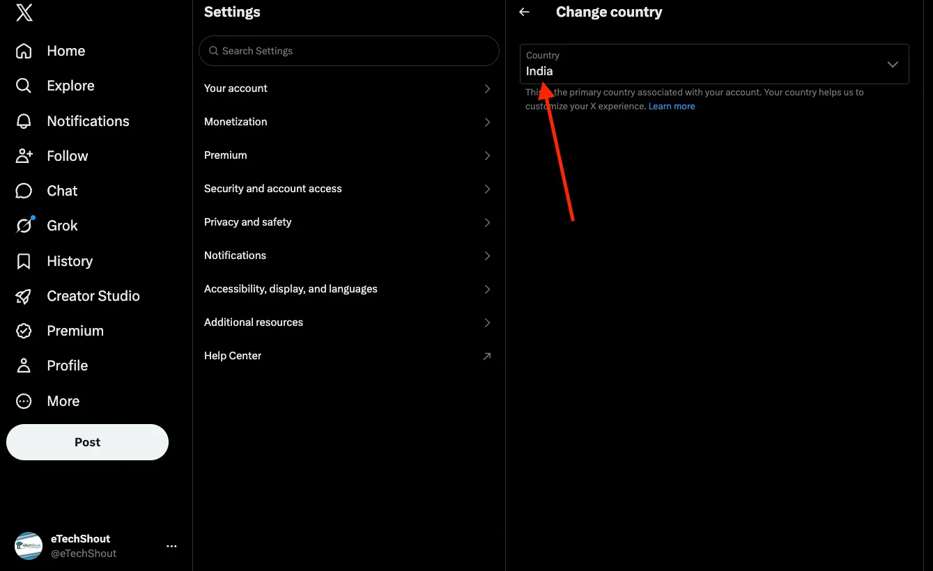 Change the country on your X account