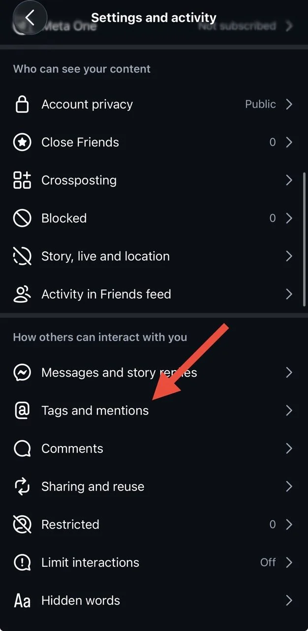 Instagram Tags and mentions setting with Allow mentions from everyone enabled