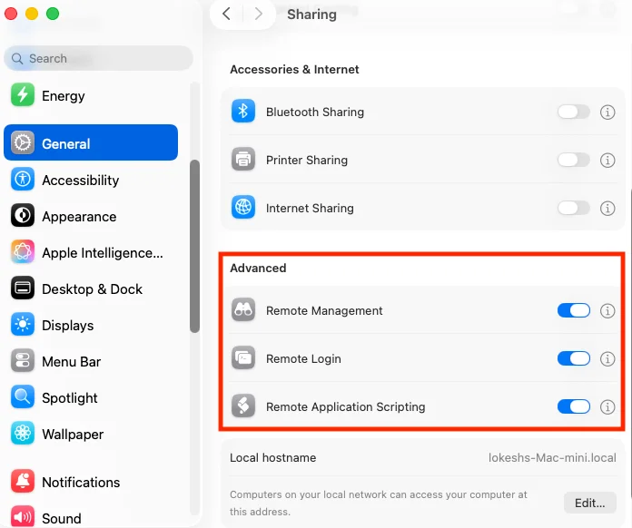 macOS settings showing Remote Management, Remote Login, and Remote Application Scripting enabled