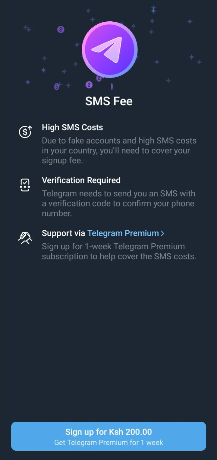 Telegram SMS fee error message asking for payment to receive an OTP
