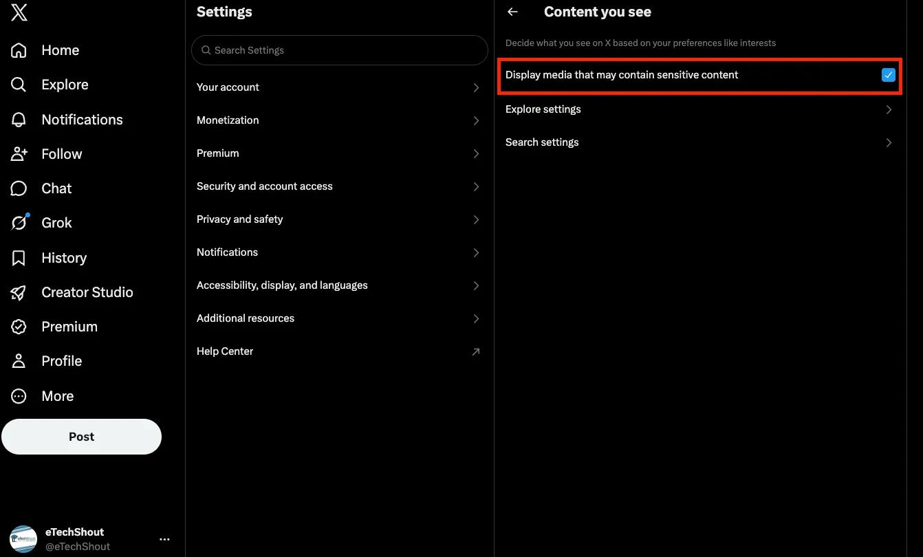 Turn on Display media that may contain sensitive content on X