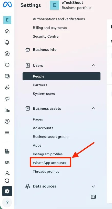WhatsApp accounts section in Meta Business Suite
